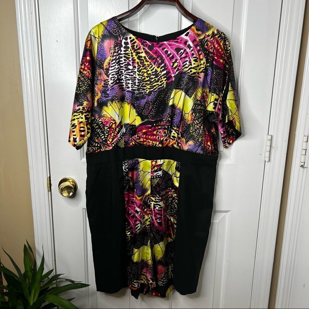 Monif C Plus Womens Kasia Romper 1X Colorblock Butterfly Wing Pattern Silky